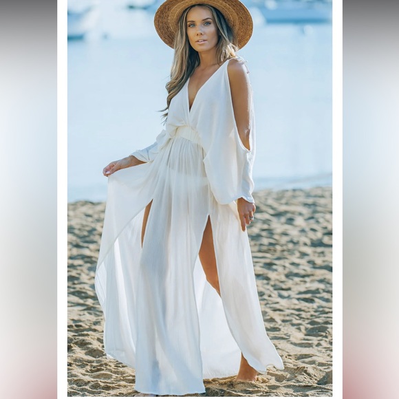 Cold Shoulder Maxi Beach Cover Up Dress Extra Large White EUC LIKE NEW - Picture 8 of 15